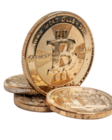 Close-Up View of Gold Bitcoin Coins on a Reflective Surface Illuminated with Soft Light png