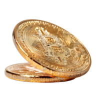 Realistic 3D Render of Golden Bitcoin Coins Stacked with Reflection on White Background for Digital Currency Concepts png