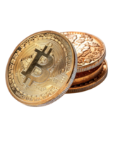 Close-up of Bitcoin coins stacked with a focus on the intricate details and shiny surface showcasing cryptocurrency value png