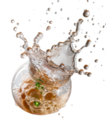 Bubbles and Splash from Glass Jar with Green Objects in Refreshing Soda Beverage Liquid png