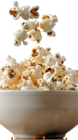 Freshly Popped Popcorn Flying Over a White Bowl Creating an Inviting Snack Scene for Movie Nights and Gatherings png