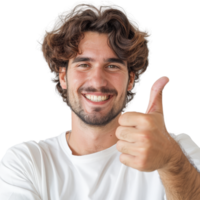 Young man with curly hair giving a thumbs up gesture and smiling broadly, celebrating positive emotions and joy png