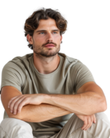 Thoughtful young man with a relaxed posture and contemplative expression in a casual t-shirt and light pants, isolated background png