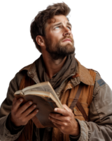 Thoughtful man with beard holding a book looking up in a contemplative pose against a neutral background png