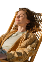 Woman Relaxing in Sunlight on a Deck Chair, Enjoying Peaceful Moment with Eyes Closed and Comforting Atmosphere png