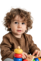 Cute child with curly hair playing with colorful toy blocks while sitting on a soft surface in a bright and cheerful environment png