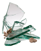 Broken glass pieces scattered on the ground with debris, sharp shards creating a risky environment, detailed close-up view png