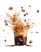 Dynamic Splash of Iced Coffee with Roasted Coffee Beans and Ice Cubes Creating a Refreshing Beverage Scene png