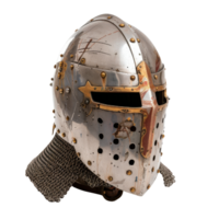 Vintage Medieval Crusader Helmet with Metal Texture and Chainmail Detail on White Background png