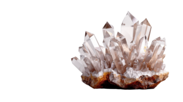 Elegant Cluster of Clear Quartz Crystals with Shimmering Points on a Natural Stone Base, Isolated on Black Background png