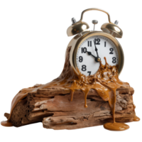 Surreal Clock Melting Over Wooden Log with Liquid Caramel Effect Demonstrating Time and Transformation png