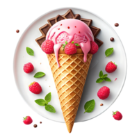 Delicious raspberry ice cream cone with chocolate. png