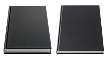 Two closed black notebooks with silver edges. Mockup for branding or design. png