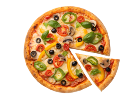 A tempting veggie pizza with a slice removed, ready to eat. png