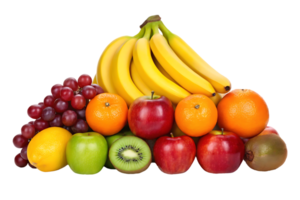 A colorful mix of fresh, ripe fruits including bananas, apples, oranges, grapes, and kiwi. png