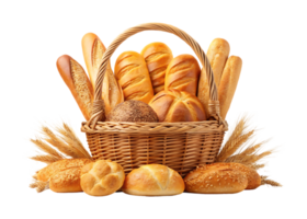 Assorted breads in a wicker basket with wheat png