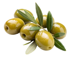 Close up of fresh green olives with leaves. png