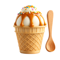 Delicious ice cream sundae in a waffle cone with caramel and sprinkles. png