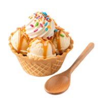 Delicious ice cream sundae in waffle bowl with caramel sauce and sprinkles png