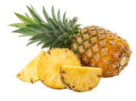 Fresh pineapple fruit with slices isolated on black background. png