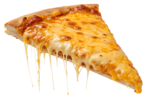 Delicious melted cheese pizza slice, isolated on black background. png