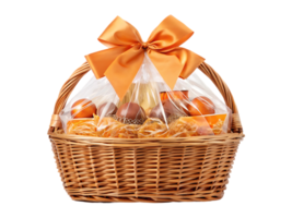 A beautiful wicker gift basket filled with chocolates and other treats, tied with an orange ribbon. png