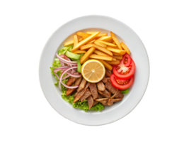 Overhead view of a gyro plate with fries, salad, and lemon. png