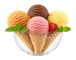 Four scoops of delicious ice cream in waffle cone png