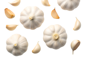Overhead shot of whole garlic bulbs and cloves. png