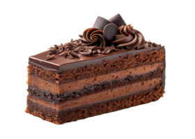 Delicious chocolate cake slice with frosting and chocolate shavings. png