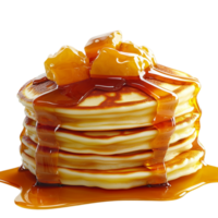 Stack of golden fluffy pancakes topped caramelized peach slices drizzled syrup making a mouthwatering breakfast treat for everyone. png