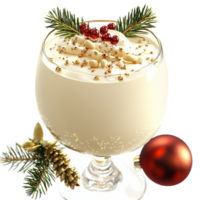 Festive glass of creamy eggnog topped cinnamon pine sprigs representing holiy cheer warmth the delicious flavors of Christmas. png