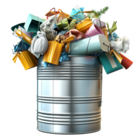 Overflowing metal trash can filled colorful garbage bags waste representing pollution environmental issues responsibility the need for recycling. png