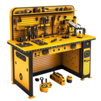 Neat yellow workbench holds tools galore, honoring craftsmanship, mechanics, skilled labor devotion. png