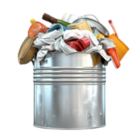 Overflowing trash can filled colorful waste highlights environmental responsibility, pollution awareness, the urgent call for recycling efforts. png