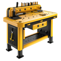 Organized yellow workbench neatly holds essential tools, celebrating craftsmanship, precision, the dedication of skilled laborers. png