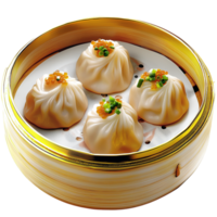 Steaming bamboo basket filled plump dim sum dumplings, offering an authentic satisfying flavorful Asian culinary delight. png