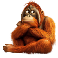 Thoughtful orangutan sitting calmly expressive deepset eyes folded arms reveals intelligence, curiosity, a glimpse into primate emotions. png