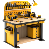 Organized yellow workbench neatly arranged essential tools symbolizes craftsmanship, precision, the dedication of hardworking skilled laborers. png