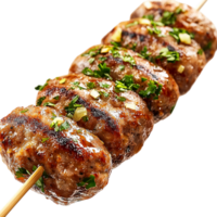 Juicy meat skewers sizzling on a grill alongside fresh vegetables fill the air smoky barbecue flavors, summer vibes, irresistible aroma. png