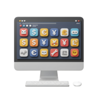 Desktop Computer Displaying Finance Icons and Currencies with Mouse and Keyboard png