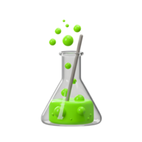 Erlenmeyer flask with green liquid and bubbles in a science concept png