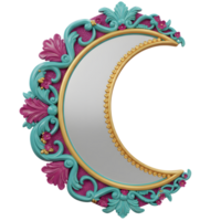 Crescent Moon Mirror with Ornate Colorful Frame Decor and Golden Edge png