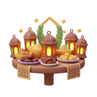 Ramadan Feast Celebration with Lanterns, Dates and Gold Ingots 3D Render png