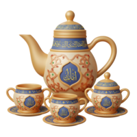 Elegant Gold Tea Set with Arabic Script, Teapot and Cups png