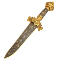 Ornate Golden Handled Dagger Display on transparent background. png