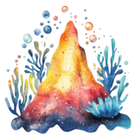Cute Watercolor Underwater Volcano Scene on transparent background. png