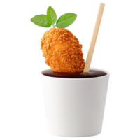 Crispy fried chicken drumstick in white cup with dipping sauce and mint leaf, creating delicious and appetizing presentation. png