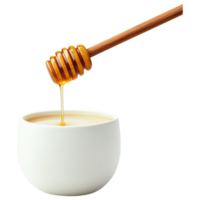smooth, creamy bowl of honey is being drizzled with wooden dipper, creating warm and inviting atmosphere. png