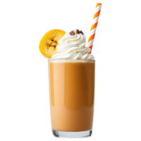 delicious banana smoothie topped with whipped cream and slice of banana, served tall glass with striped straw, perfect for refreshing png